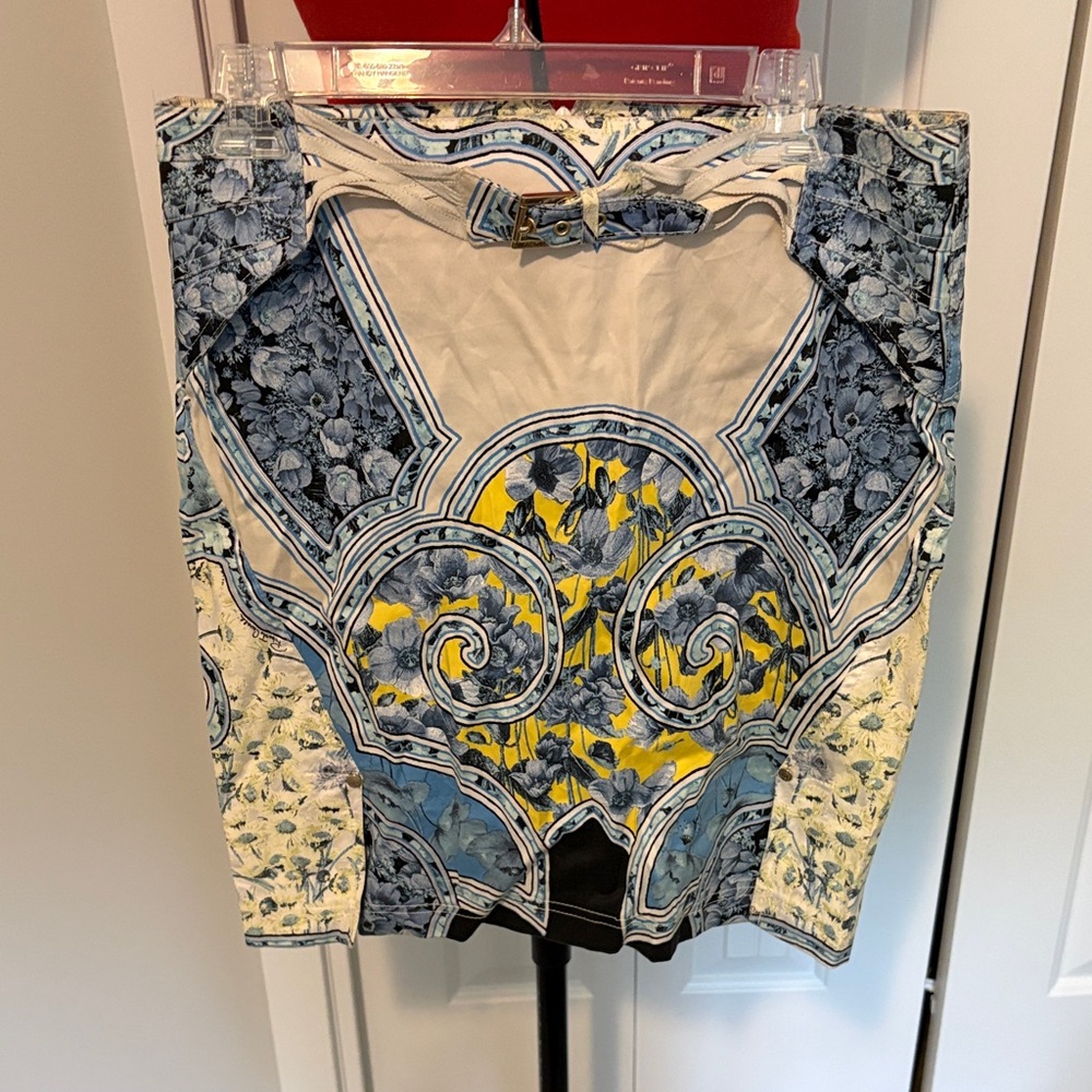 Vintage 2007 Roberto Cavalli Blue, Yellow and White Floral Mini Skirt